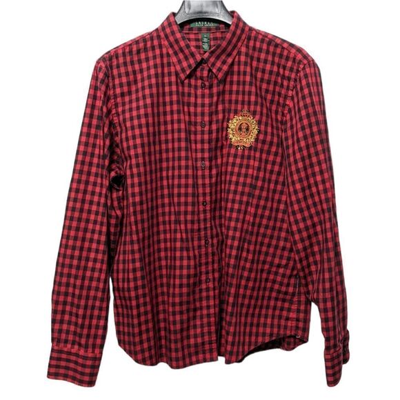 LAUREN RALPH LAUREN Buffalo Plaid Check Embroidered Crest Button Up Shirt XL - Picture 1 of 5